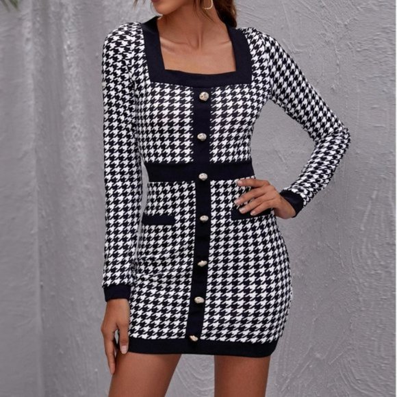 Button Front Houndstooth Mini Dress - Picture 3 of 6